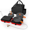 Portable 2 Burner Camping Stove Set, 20,000 BTU/h, with Folding Gas Stove, Frying Pan, Griddle, Kettle, Pot, and Carry Bag, For Propane & Butane Red